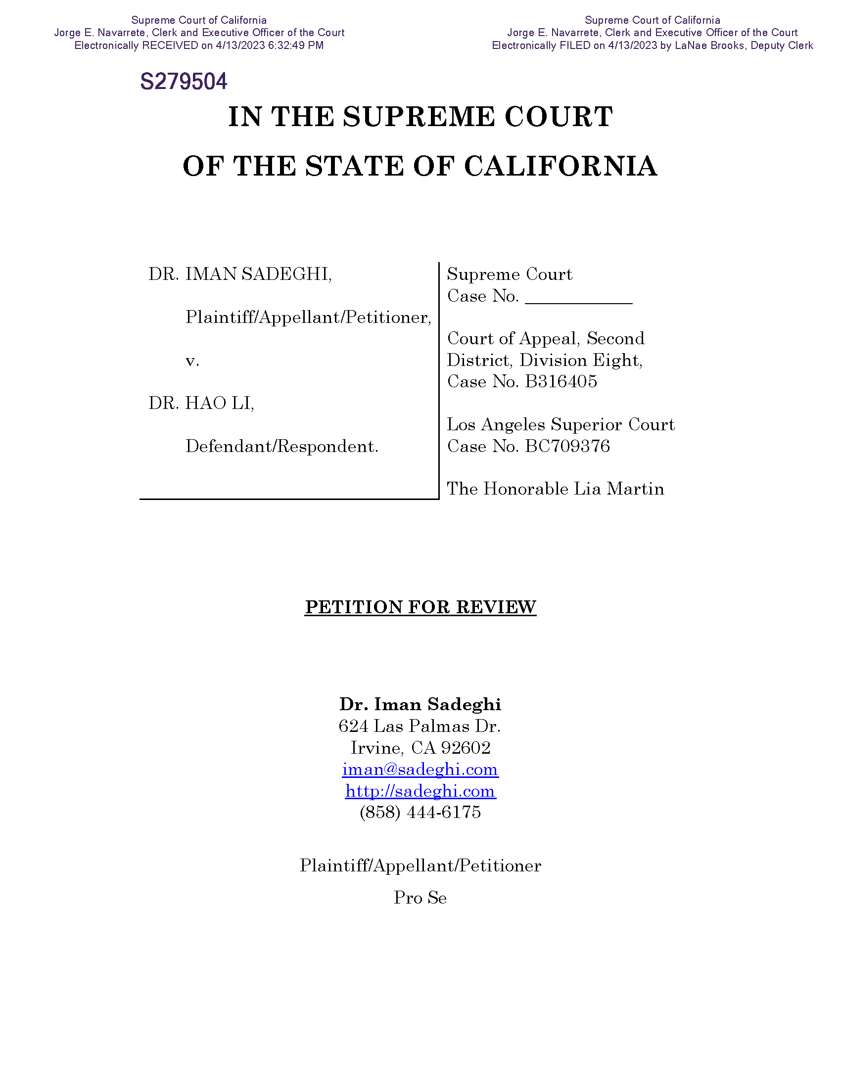 Dr. Iman Sadeghi v. Dr. Hao Li - Petition For Review Page 1