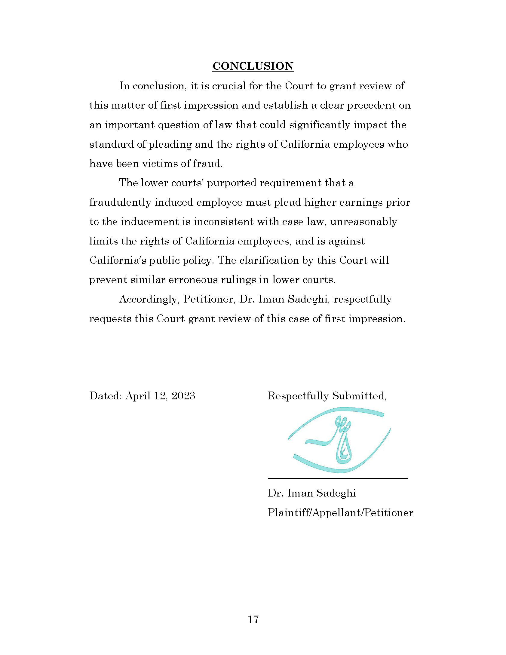 Dr. Iman Sadeghi v. Dr. Hao Li - Petition For Review Page 20