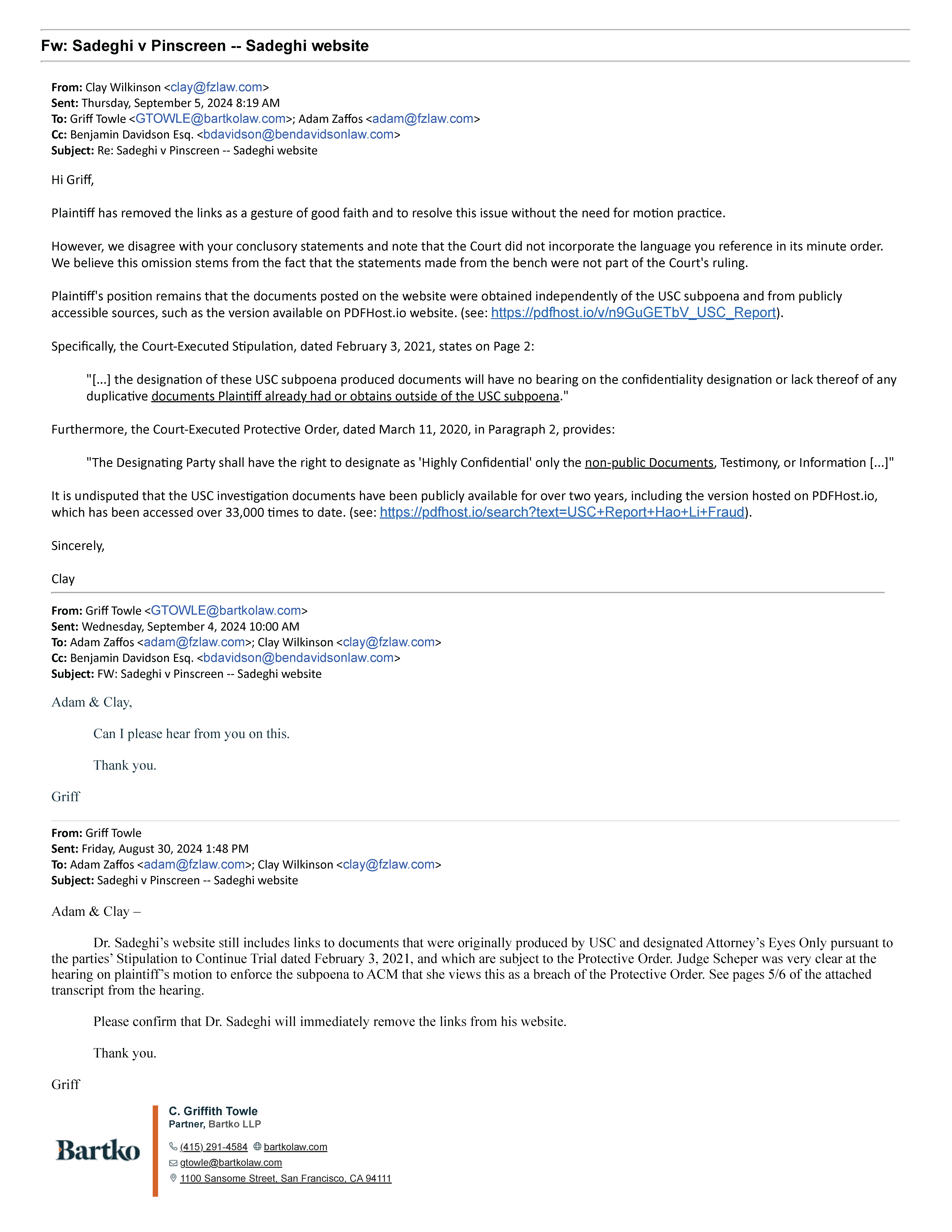 Hao Li Requests Removal of USC's Investigation Report from Sadeghi's Website Page 1